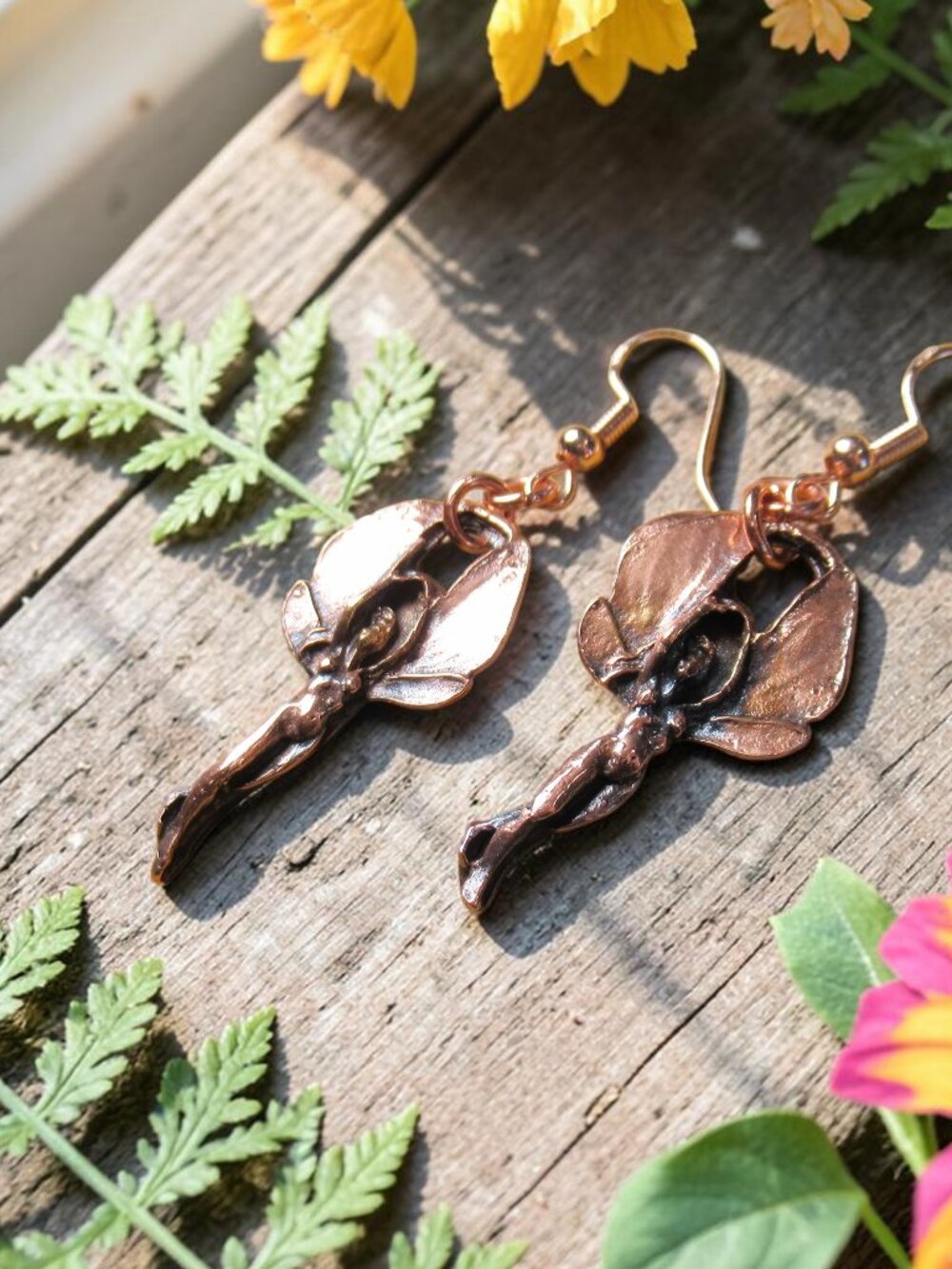 Fairy Earrings, Copper Dangle on Rose Gold Earwires